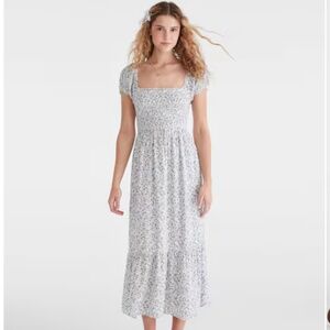 Floral Square-Neck Smocked Midi Dress